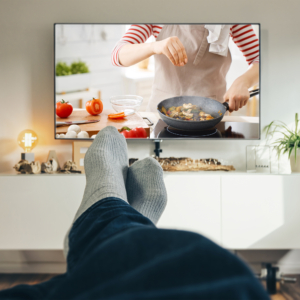 Image of TV and room surroundings clearly visible, with distinct outlines and vivid colours to show significantly improved vision without cataracts/after cataract surgery
