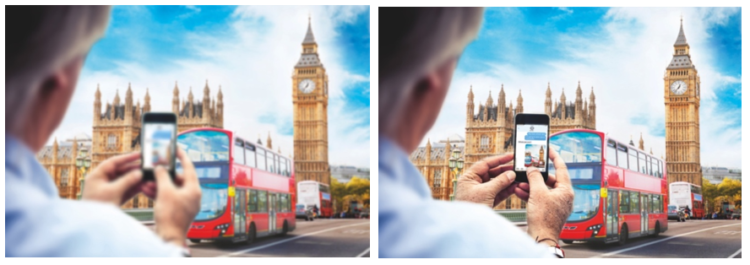 Man taking a photo of a bus with Big Ben in the background. On the left the image is blurry, on the right the same image is shown clearer.