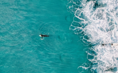 Zoomed out shot of surfer paddling out to sea