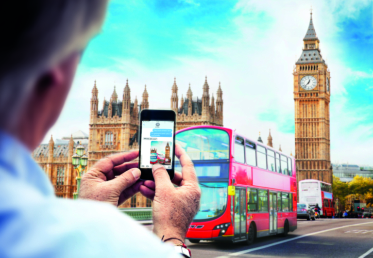 Vision simulation - clear vision following multifocal treatment. Double-decker bus and Houses Of Parliament in London.