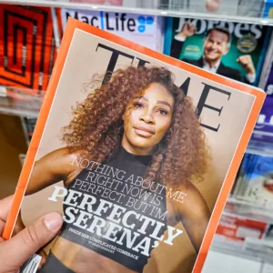 Magazine image and text clearly visible, with distinct outlines and vivid colours to show significantly improved vision without cataracts/after cataract surgery