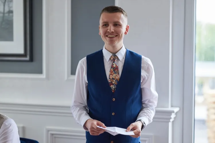 James Taylor, patient, giving a speech at his wedding after successful and life changing ICL surgery at Optegra