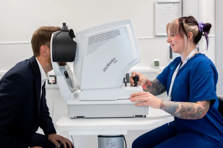 York MP Luke Charters having eye diagnostics tests on his visit to Optegra Eye Clinic in York