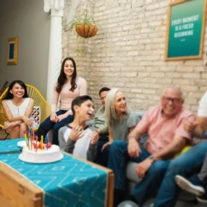 Vision simulation - blurry near vision following monofocal treatment. Friend/family gathering