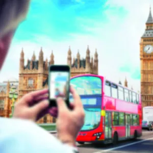 Vision simulation - blurry near vision following monofocal treatment. Double-decker bus and Houses Of Parliament in London.